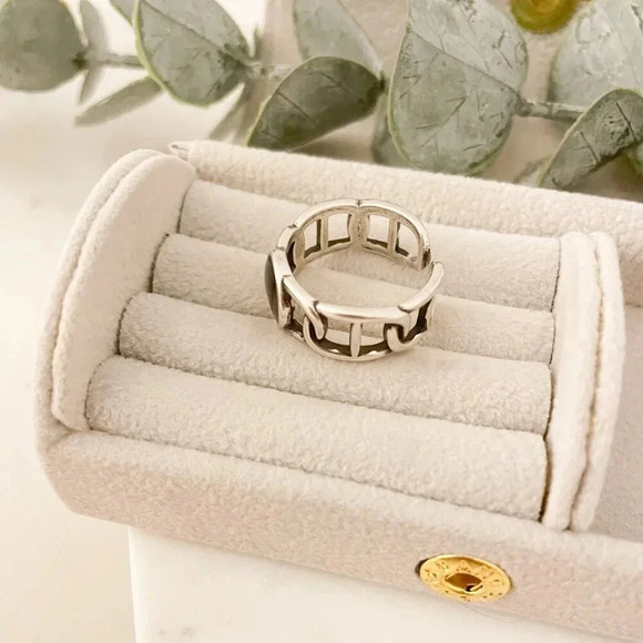 925 Sterling Silver Black Circle Ring Curb Link Ring Chain Link Ring Modern Ring - Picture 6 of 9